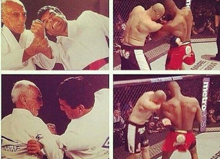 Hélio Gracie (esq.) faz uso da técnica que J. Jones (dir.) repetiu contra Glover. Foto: Reprodução/Instagram