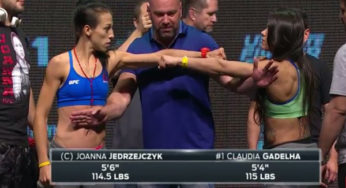 Joanna Jedrzejczyk e Claudia Gadelha batem peso com encarada tensa