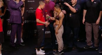 Jéssica Bate-Estaca entrega rosa a Namajunas em pesagem, mas promete vitória no UFC 237