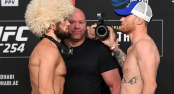 Vídeo: Khabib e Gaethje fazem encarada séria, mas respeitosa, antes de luta desde sábado