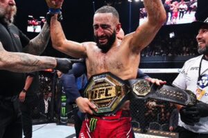 Belal Muhammad domina Leon Edwards, estraga festa inglesa e se torna o novo campeão dos meio-médios do UFC. Foto: Twitter/UFC News