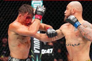 Vítima de brasileiro mostra rosto e faz 'antes e depois' de banho de sangue e corte brutal no UFC. Foto: Reprodução/Twitter/UFC