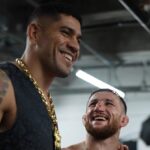 Merab Dvalishvili e Alex Poatan se encontram nos bastidores do UFC 306 na Esfera. Foto: Reprodução/Instagram/UFC