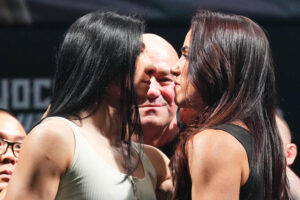 Nurma Dumont (dir.) e Irene Aldana (esq.) ficam frente a frente no UFC 306. Foto: Reprodução/Instagram/UFC