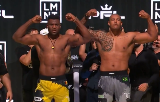 Ngannou e Renan Problema durante pesagem pela PFL / Reprodução PFL