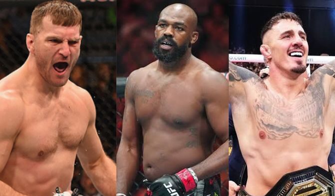 Miocic é ex-campeão dos pesados, enquanto Jones é o atual campeão e Aspinall é o campeão interino. Foto: montagem do SUPER LUTAS