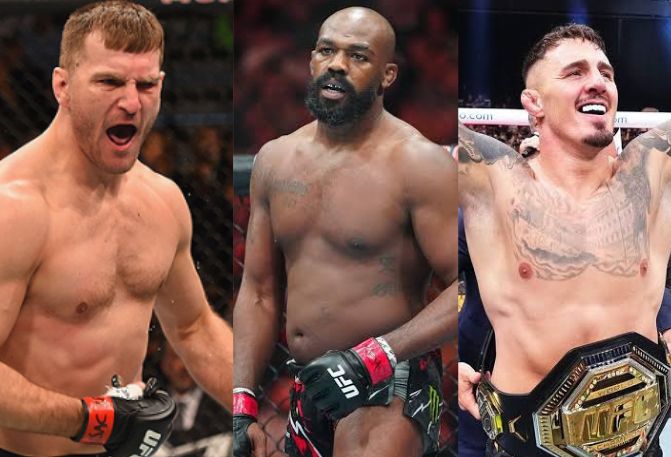 Miocic é ex-campeão dos pesados, enquanto Jones é o atual campeão e Aspinall é o campeão interino. Foto: montagem do SUPER LUTAS